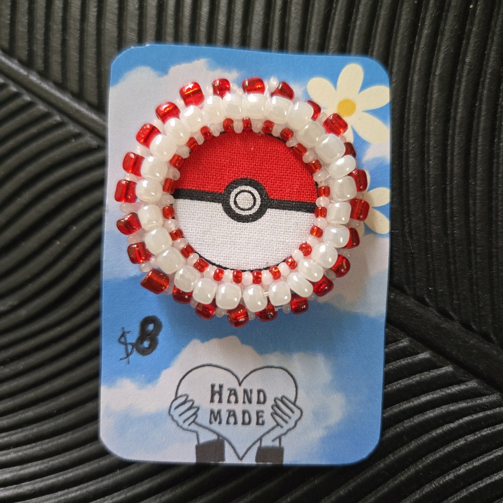 Handmade Beaded Red and White Pokemon Pin